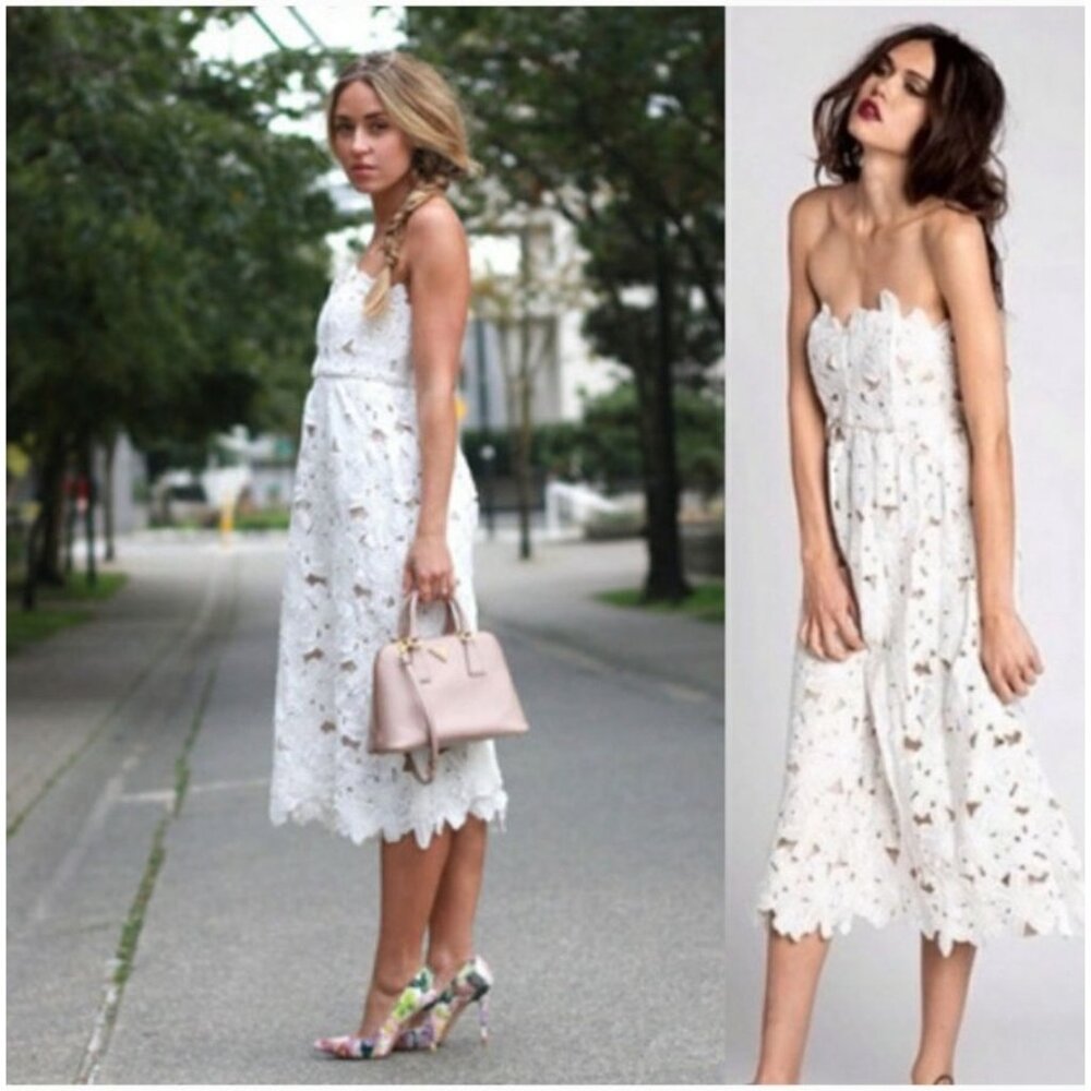 Stone Cold Fox White Floral Lace Strapless Midi Summer Bachelorette Dress XS